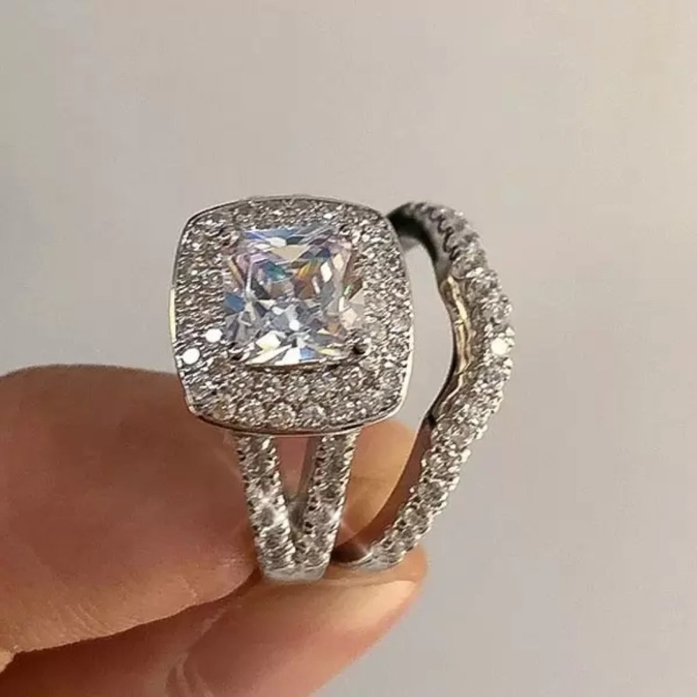💝Square Zircon Micro Pave 925 Sterling Silver Plated Wedding Ring Set,UNVN12176 - Picture 3 of 3